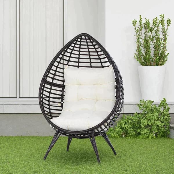 Rootz Teardrop Rattan Stol - Æggestol - Rattan Lænestol - PE Rattan - Polyester - PP Bomuld - Brun + Beige - 101cm x 89cm x 156cm