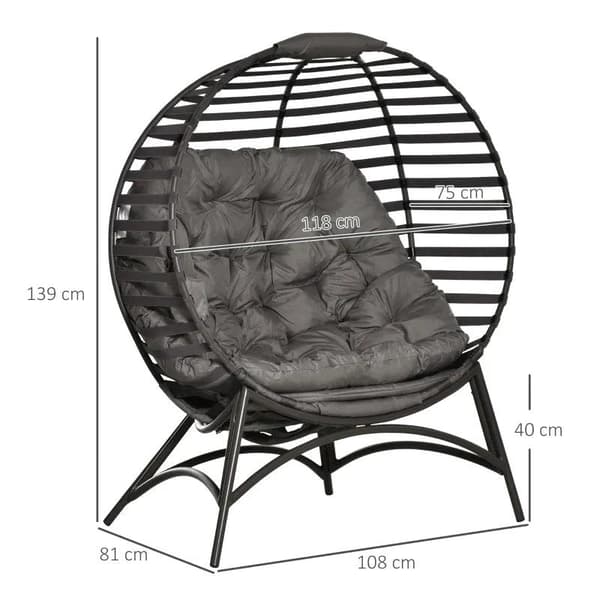 Rootz Egg -tuoli - Puutarhatuoli - Papasan-tuoli - Pehmeällä tyynyllä - Teräsrunko ja sivutasku - Ruskea - 118 x 75 x 139 cm
