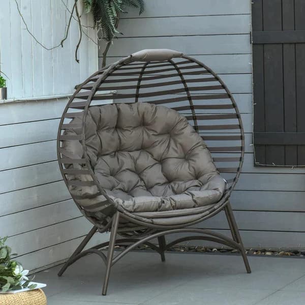 Rootz Egg -tuoli - Puutarhatuoli - Papasan-tuoli - Pehmeällä tyynyllä - Teräsrunko ja sivutasku - Ruskea - 118 x 75 x 139 cm