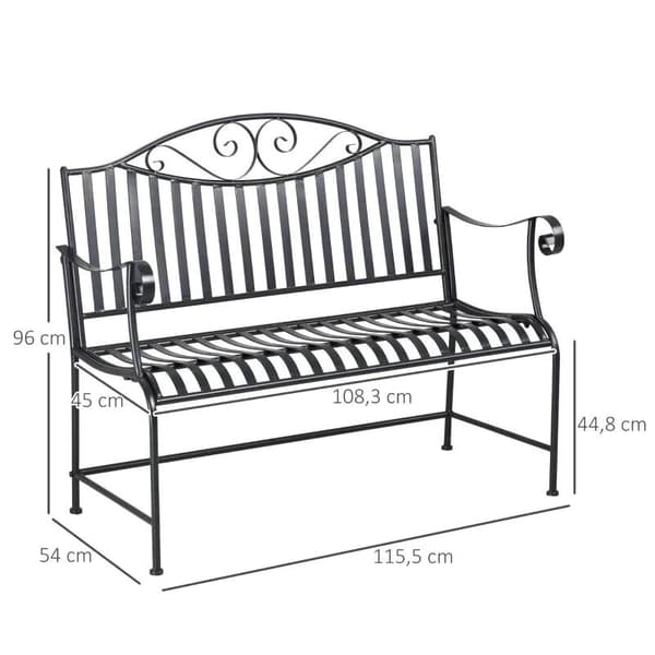Rootz Havebænk - Parkbænk - 2-personers metalbænk - Stålstel med armlæn til havebalkon og terrasse - Grå - 15,5 x 54 x 96 cm