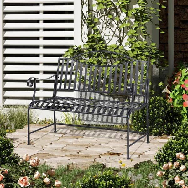 Rootz Havebænk - Parkbænk - 2-personers metalbænk - Stålstel med armlæn til havebalkon og terrasse - Grå - 15,5 x 54 x 96 cm