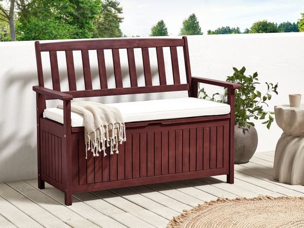 Puutarhapenkki mahonginruskea akaasiapuu valkoiset pehmusteet 120 x 91 x 60 cm 2 hengelle säilytystila luonnollinen rustiikkinen
