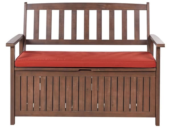 Trädgårdsbänk med förvaring Mörkt massivt akaciaträ Röd Kudde 120 x 60 cm 2-sits utomhus Patio Rustik traditionell stil