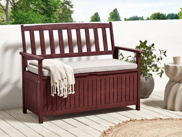 Trädgårdsbänk med förvaring Mahognybrun Massivt akaciaträ med Grå Kudde 120 x 60 cm 2-sits utomhus Patio Rustik traditionell stil