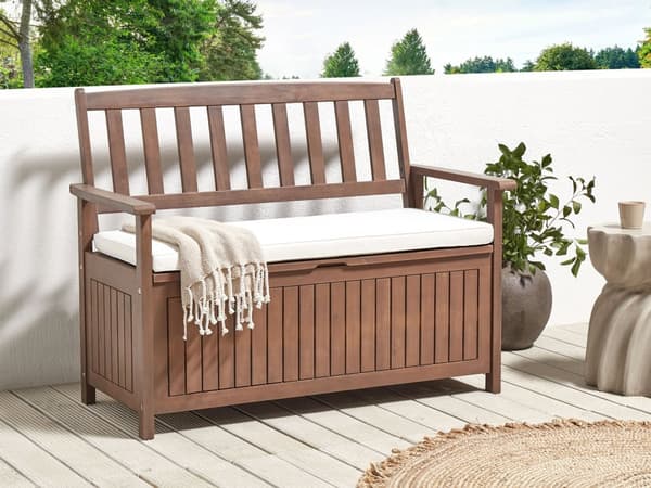 Trädgårdsbänk med förvaring Mörkt massivt akaciaträ med Vit Kudde 120 x 60 cm 2-sits utomhus Patio Rustik traditionell stil