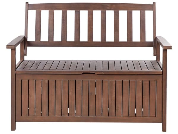 Hagebenk med oppbevaring Mørk Massiv Akasietre Grå Pute 120 x 60 cm 2 Seter Utendørs Terrasse Rustikk Tradisjonell Stil