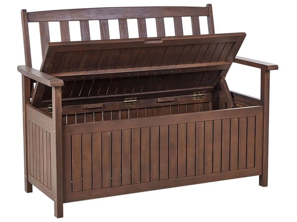 Hagebenk med oppbevaring Mørk Massiv Akasietre Grå Pute 120 x 60 cm 2 Seter Utendørs Terrasse Rustikk Tradisjonell Stil