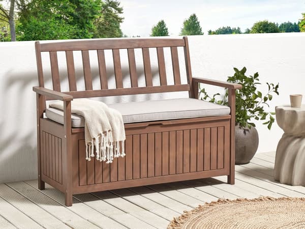 Hagebenk med oppbevaring Mørk Massiv Akasietre Grå Pute 120 x 60 cm 2 Seter Utendørs Terrasse Rustikk Tradisjonell Stil