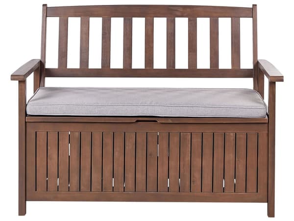 Hagebenk med oppbevaring Mørk Massiv Akasietre Grå Pute 120 x 60 cm 2 Seter Utendørs Terrasse Rustikk Tradisjonell Stil