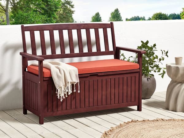 Hagebenk med Oppbevaring Mahogni Brun Massiv Akasietre Rød Pute 120 x 60 cm 2 Seter Terrasse Uteplass Rustikk Tradisjonell Stil