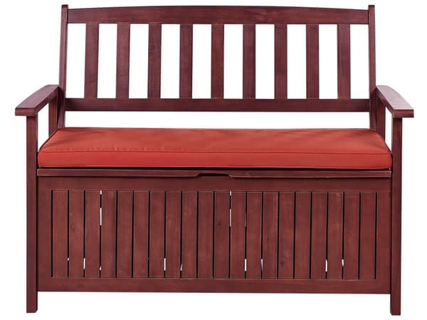 Hagebenk med Oppbevaring Mahogni Brun Massiv Akasietre Rød Pute 120 x 60 cm 2 Seter Terrasse Uteplass Rustikk Tradisjonell Stil
