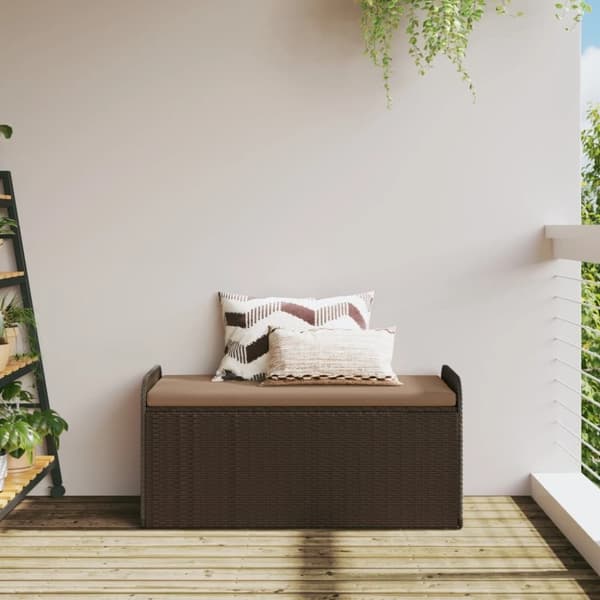 vidaXL Säilytyspenkki tyynyllä ruskea polyrottinki 115x51x52 cm