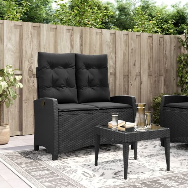 vidaXL havebænk med hynder og lænefunktion polyrattan sort