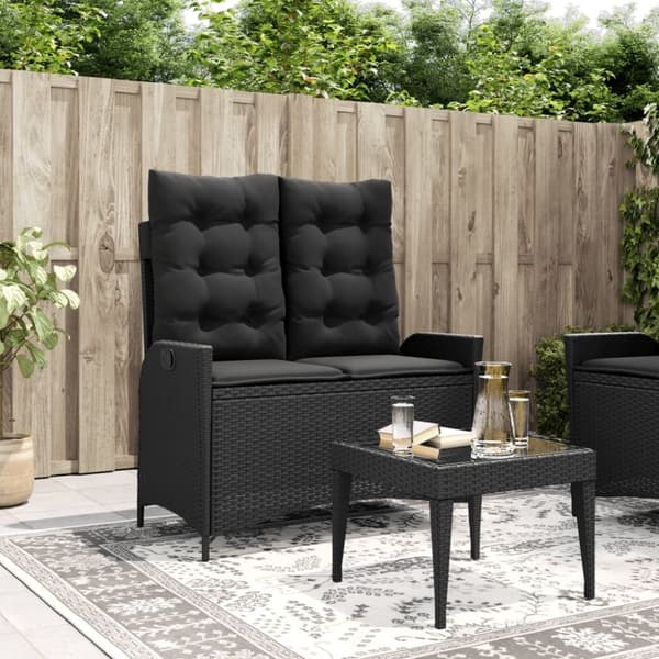 vidaXL havebænk med hynder og lænefunktion polyrattan sort