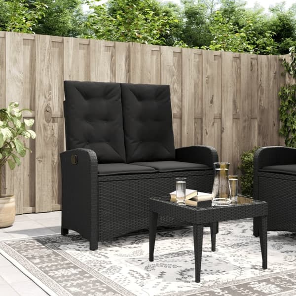 vidaXL havebænk med hynder og lænefunktion polyrattan sort