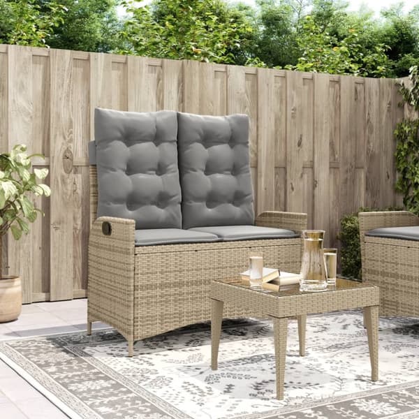 vidaXL havebænk med hynder og lænefunktion polyrattan beige