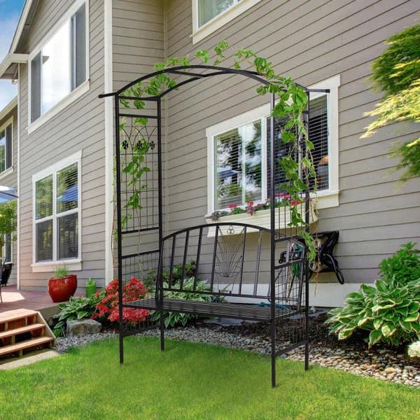 Rootz Plant Arch Penkillä - 2-istuttava penkki - Puutarhan kaareva katto - Flower Climber - Metalli - Musta - 154 x 60 x 205 cm