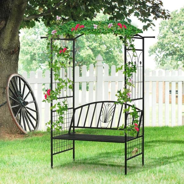 Rootz Plant Arch Penkillä - 2-istuttava penkki - Puutarhan kaareva katto - Flower Climber - Metalli - Musta - 154 x 60 x 205 cm