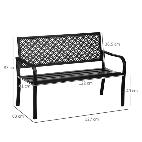 Rootz Metal Havebænk - 2-personers - Blomster - Vejrbestandig - Have og terrasse - Sort - 127 x 63 x 83 cm