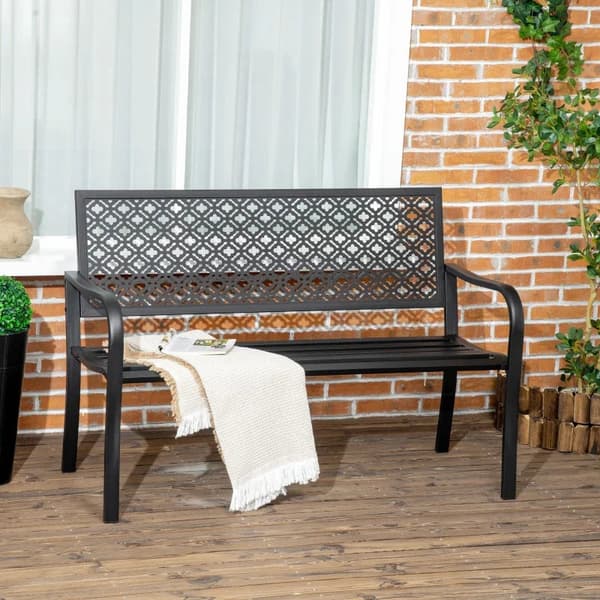 Rootz Metal Havebænk - 2-personers - Blomster - Vejrbestandig - Have og terrasse - Sort - 127 x 63 x 83 cm