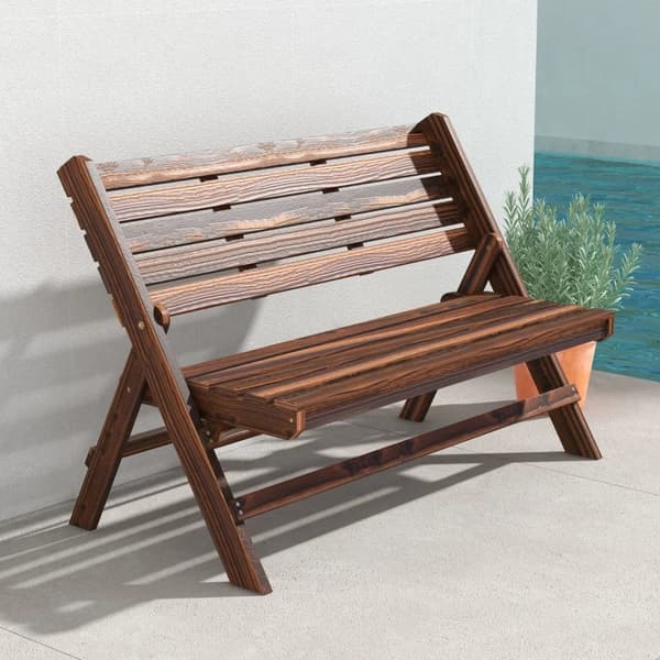 Rootz trädgårdsbänk - 2 personer - rustik design - hopfällbar trädgårdsbänk - karboniserad finish - naturligt trä - förkolad - 122 x 63 x 83 cm