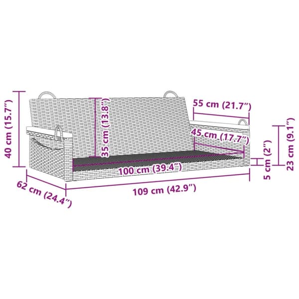 vidaXL gyngebænk 109x62x40 cm polyrattan sort