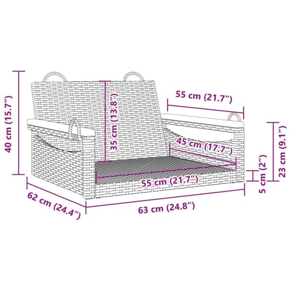 vidaXL gyngebænk 63x62x40 cm polyrattan sort