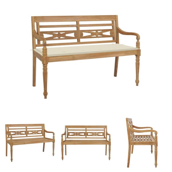 The Living Store Bataviabänk med gräddvit dyna 120 cm massiv teak -  Trädgårdsbänkar
