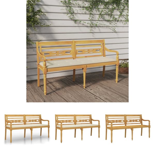 The Living Store Bataviabänk med gräddvit dyna 150 cm massiv teak -  Trädgårdsbänkar