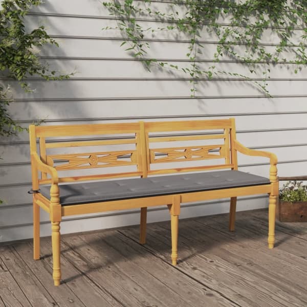 The Living Store Batavia-bænk med grå hynde 150 cm massivt teaktræ -  Havebænke