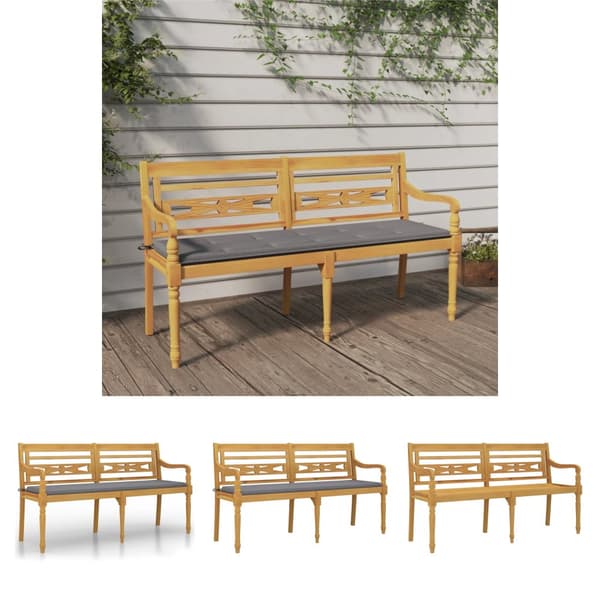 The Living Store Batavia-bænk med grå hynde 150 cm massivt teaktræ -  Havebænke