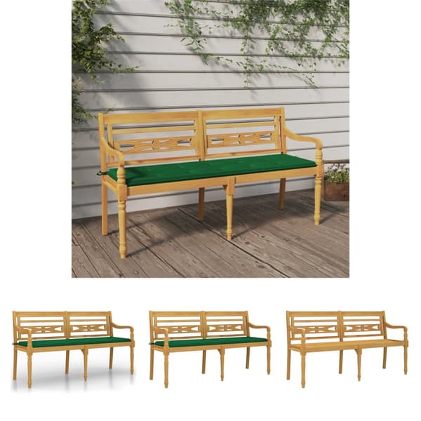 The Living Store Batavia-bænk med grøn hynde 150 cm massivt teaktræ -  Havebænke