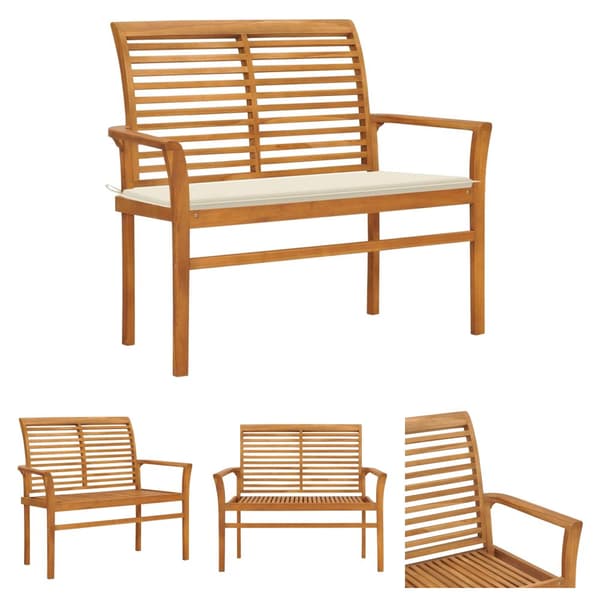 The Living Store Trädgårdsbänk med gräddvit dyna 112 cm massiv teak -  Trädgårdsbänkar