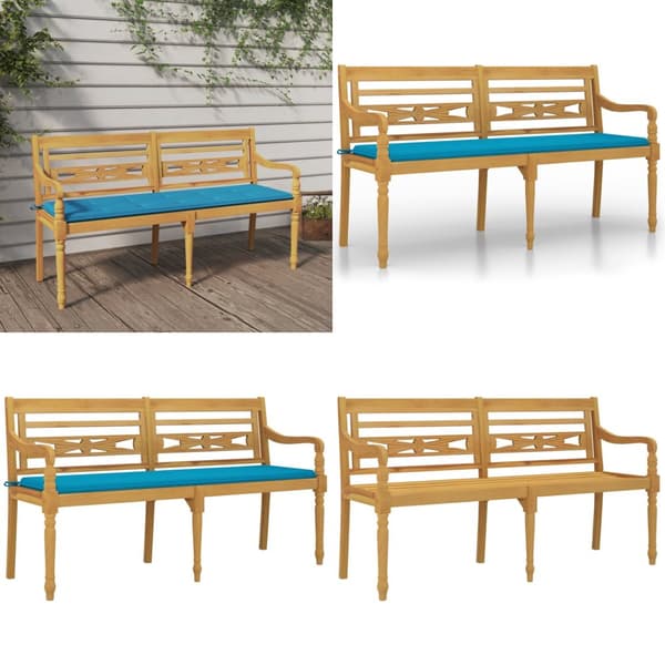 Bataviabänk med blå dyna 150 cm massiv teak - Trädgårdsbänk - Trädgårdsbänkar - Home & Living