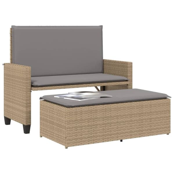 vidaXL havebænk med hynder og fodskammel polyrattan beige