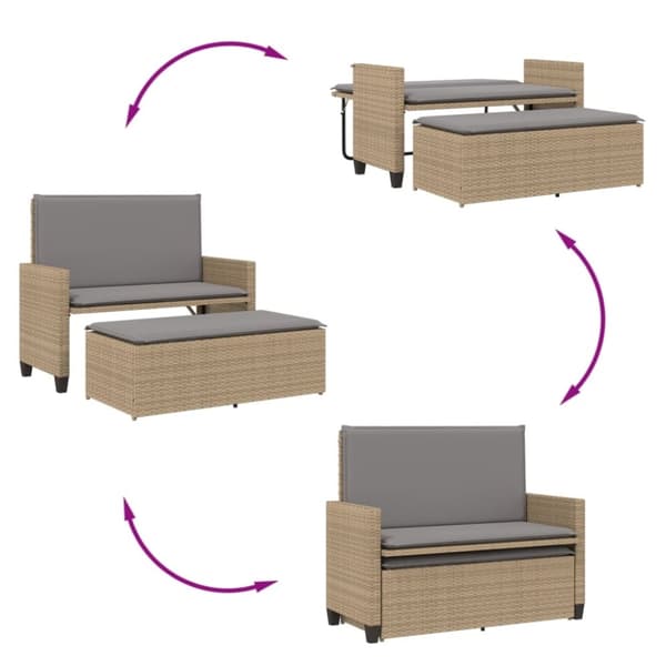vidaXL havebænk med hynder og fodskammel polyrattan beige