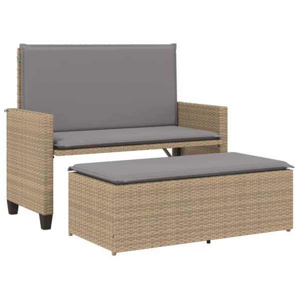 vidaXL havebænk med hynder og fodskammel polyrattan beige
