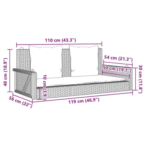 vidaXL Gungbänk med dynor svart 119x56x48 cm konstrotting