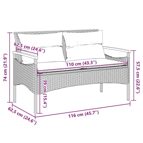 vidaXL havebænk med hynder 116x62,5x74 cm polyrattan sort