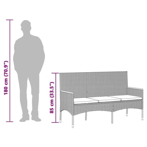 vidaXL 3-personers havebænk med hynder polyrattan sort