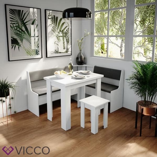 Vicco Roman hörnbänk Vit klädd hörndel för vardagsrum med kökshyllor