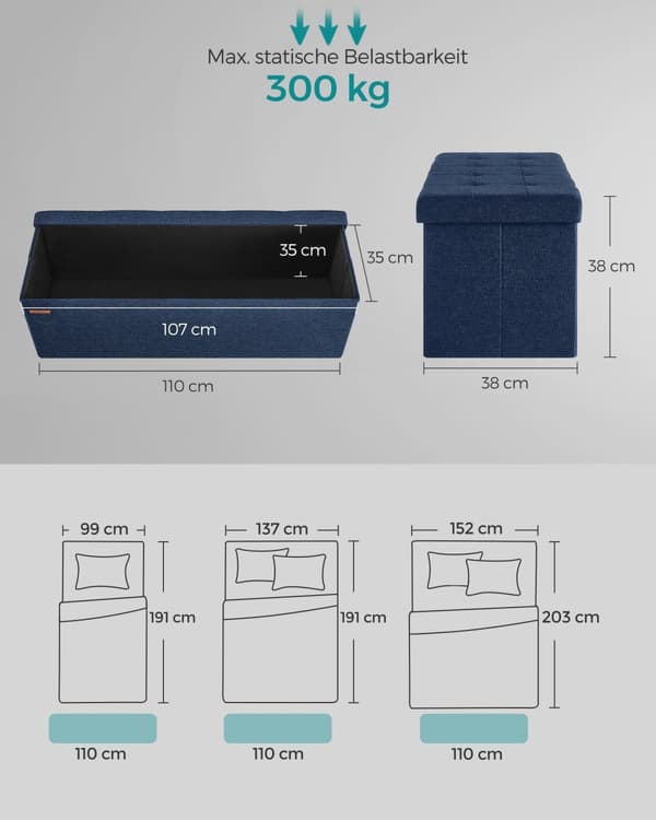 Soffa - med lagringsutrymme - 38 × 110 × 38 cm - nattblå