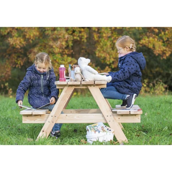 Rootz børnepicnic bænk - udendørs bord til børn - massiv træ bænk - naturlig finish - 118 cm x 119 cm x 65 cm