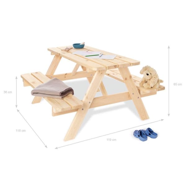Rootz børnepicnic bænk - udendørs bord til børn - massiv træ bænk - naturlig finish - 118 cm x 119 cm x 65 cm