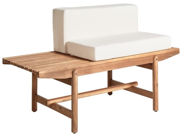 Havebænk i lyst akacietræ 135 x 84 cm med hynder cremehvid moderne rustik stil udvendig gårdhave terrasse altan