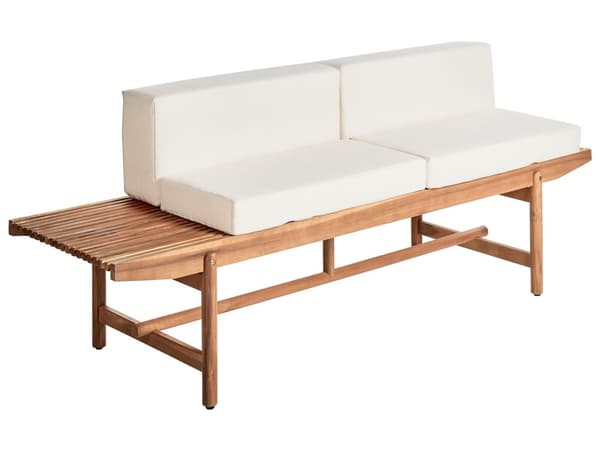 Havebænk i lyst akacietræ 210 x 84 cm med hynder cremehvid moderne rustik stil udvendig gårdhave terrasse altan