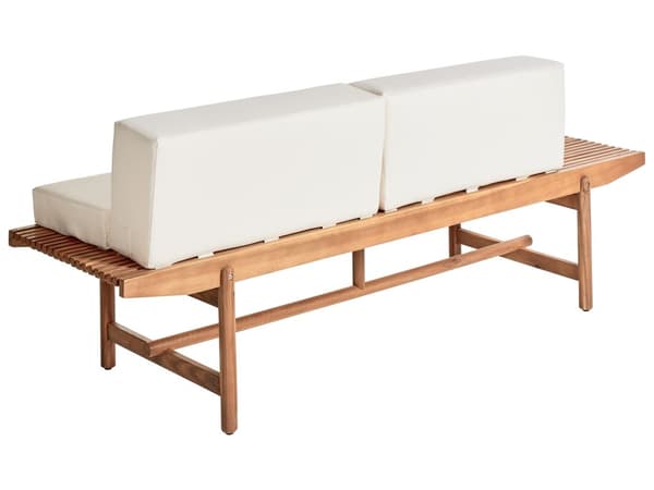 Havebænk i lyst akacietræ 210 x 84 cm med hynder cremehvid moderne rustik stil udvendig gårdhave terrasse altan