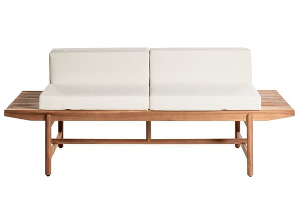 Havebænk i lyst akacietræ 210 x 84 cm med hynder cremehvid moderne rustik stil udvendig gårdhave terrasse altan