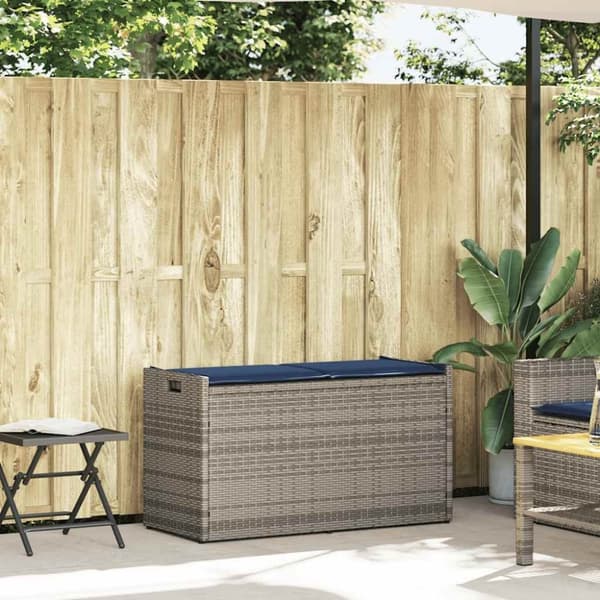 vidaXL udendørs opbevaringsbænk med hynde 100 cm polyrattan grå