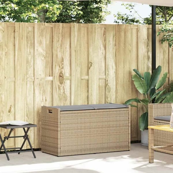 vidaXL udendørs opbevaringsbænk med hynde 100 cm polyrattan beige
